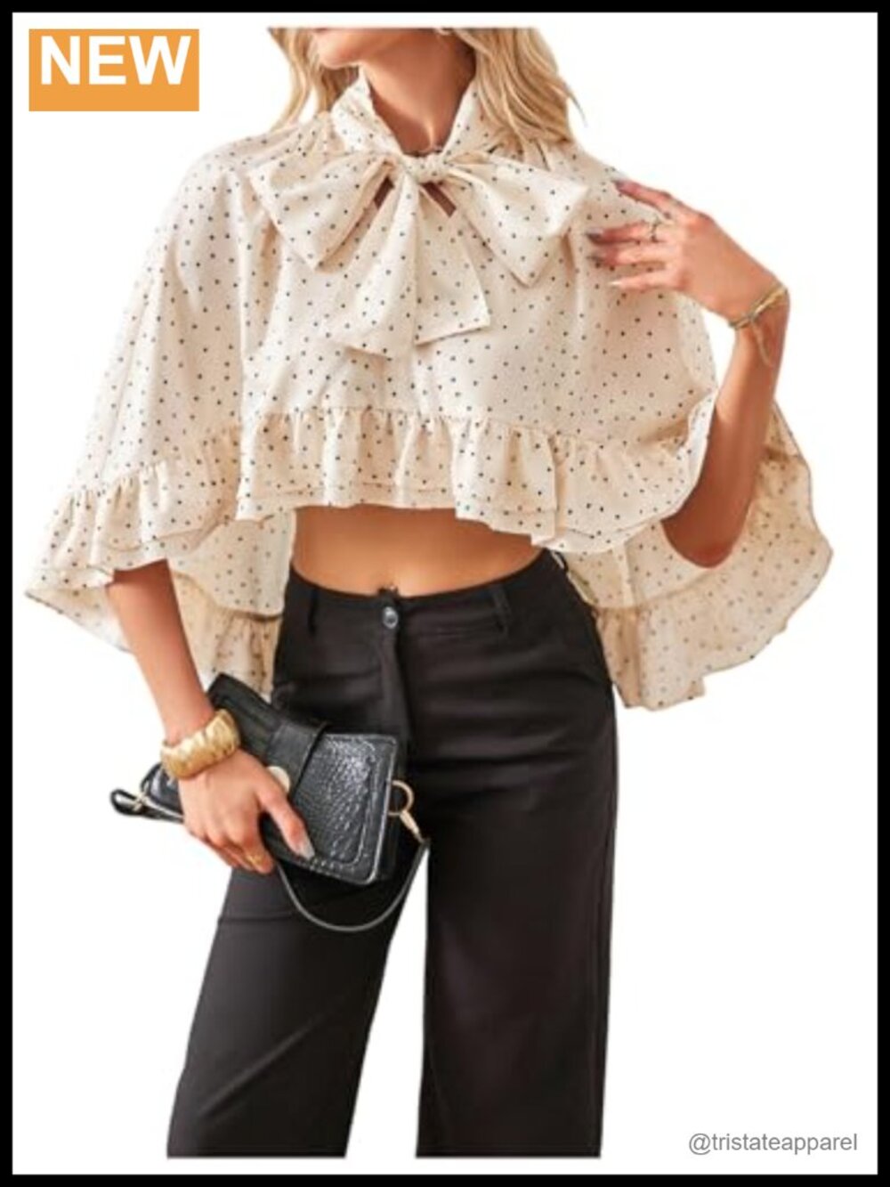 Women's Polka Dot Poncho Cape Blouse Tie Neck Ruffle Sleeve High Low Hem